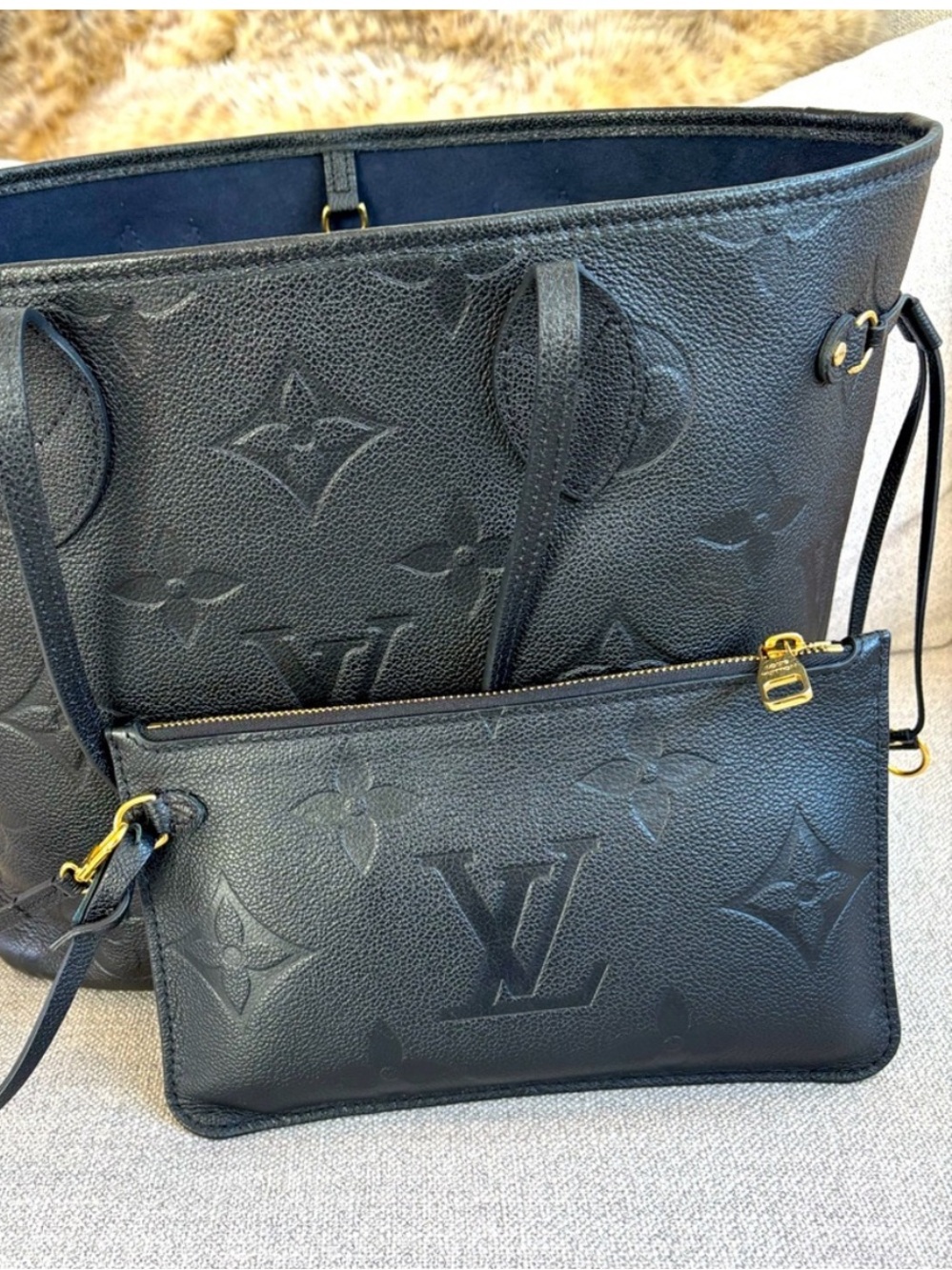Louis Vuitton Black Embossed Monogram never fall MM with Pouch